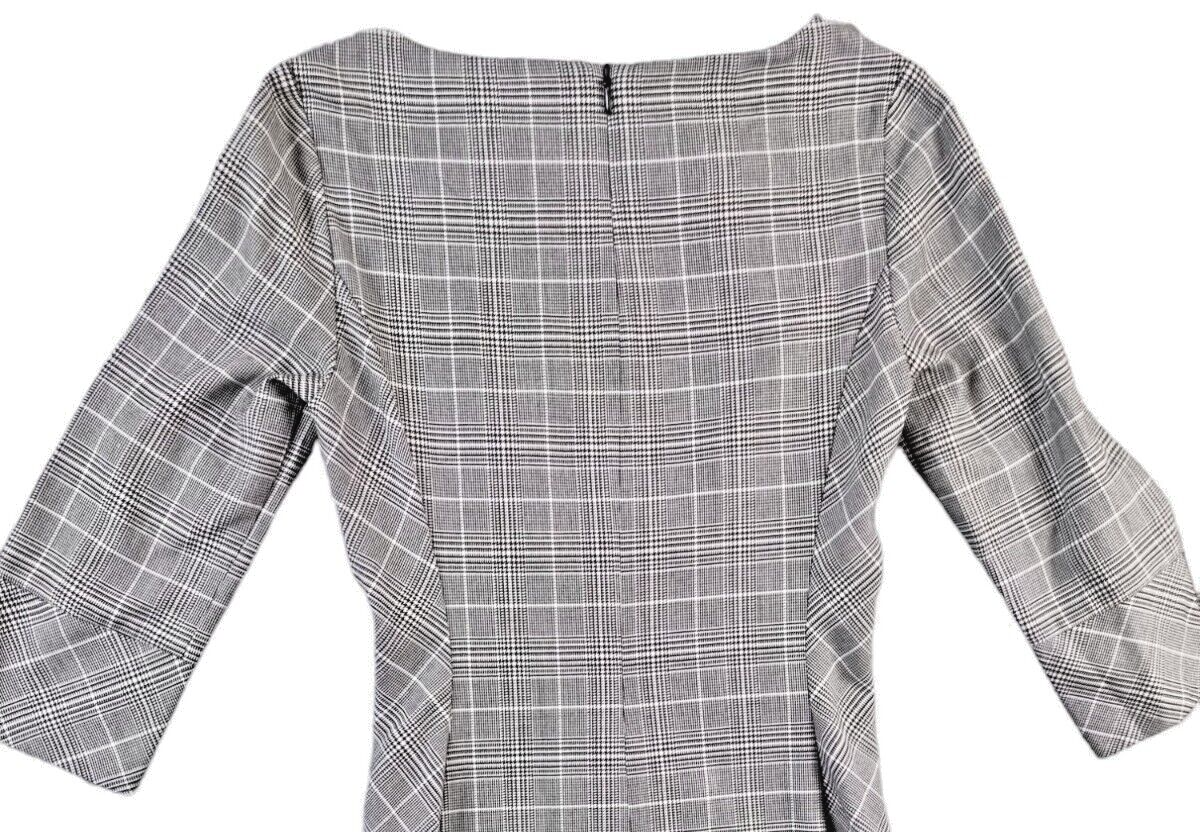 H&M Womens Grey Plaid Houndstooth Print Boat Neck 3/4 Bow Sleeve Dress Size UK 6