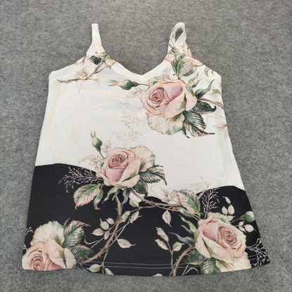 Womens White Floral Sleeveless Straps Polyester Camisole Tops Tank Size M