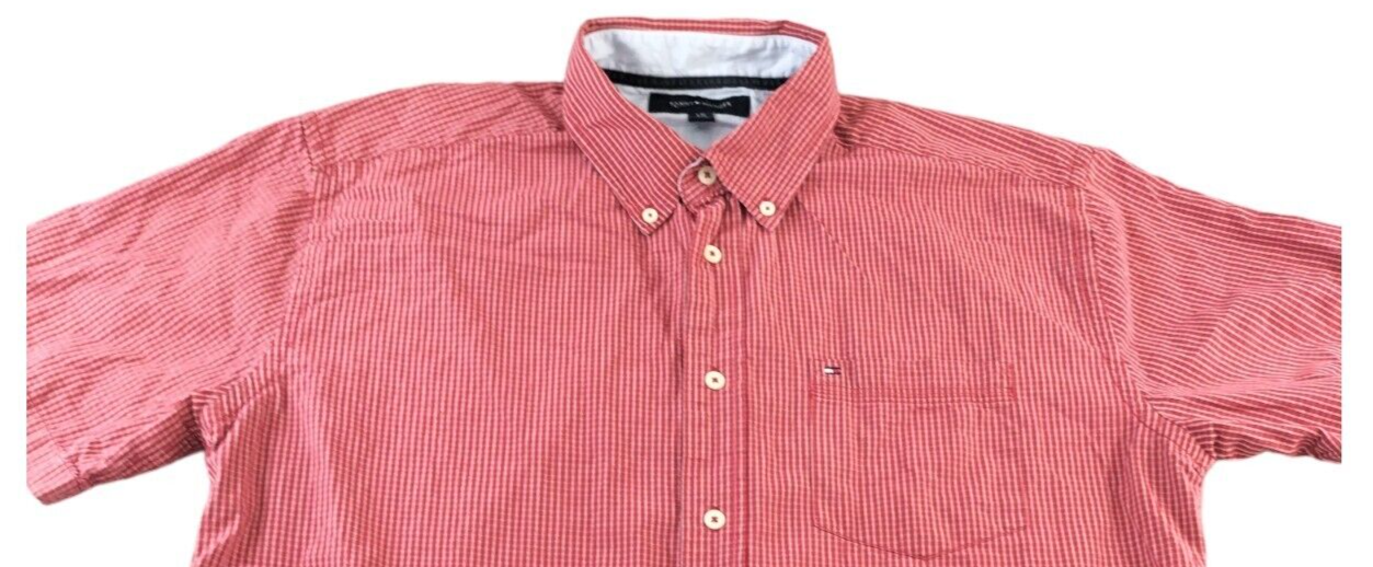 Tommy Hilfiger Mens Red White Cotton Check Back Pleated Button-Down Shirt Size L