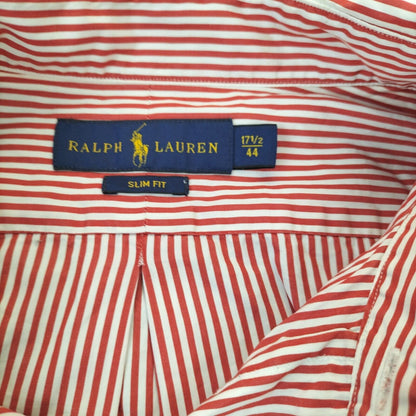 Polo Ralph Lauren Mens Red White Striped Logo Slim Fit Button Down Shirt Sz 17.5