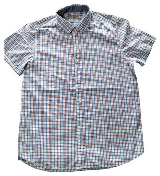 Ted Baker London Mens Blue Plaid Cotton Short Sleeve Button Up Shirt Size 4