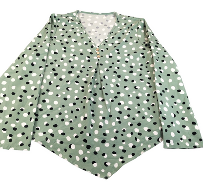 Womens Polyester Green V-Neck Long Sleeves Polka Dots Asymmetrical Top Size 2XL