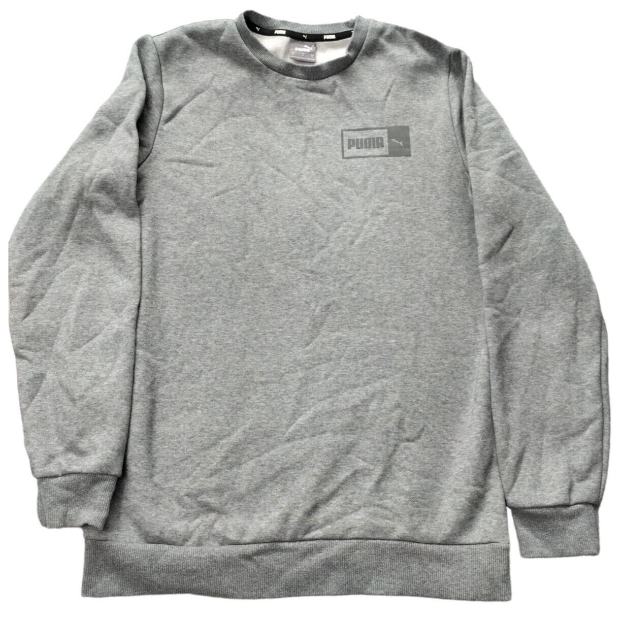 PUMA Mens Grey Cotton Crew Neck Long Sleeve Logo Pullover Sweatshirt Size Small