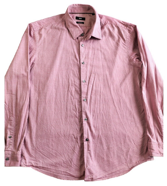 HUGO BOSS Mens Pink Check Long Sleeve Regular Fit Button Up Dress Shirt Size 2XL