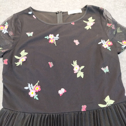 Oasis Womens Black Short Sleeve Floral Embroidered Back Zipper Skater Dress Sz S