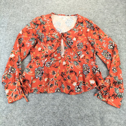 Glamorous Womens Orange Polyester V-Neck Floral Long Sleeve Tops Tank Size 12