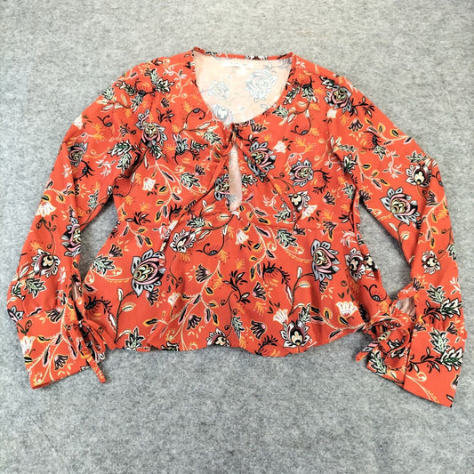 Glamorous Womens Orange Polyester V-Neck Floral Long Sleeve Tops Tank Size 12